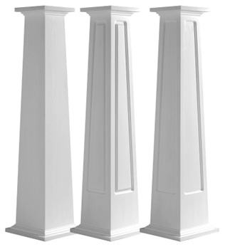 Square Tapered Column wraps for use around existing posts. Panel styles include plain, raised or recessed.