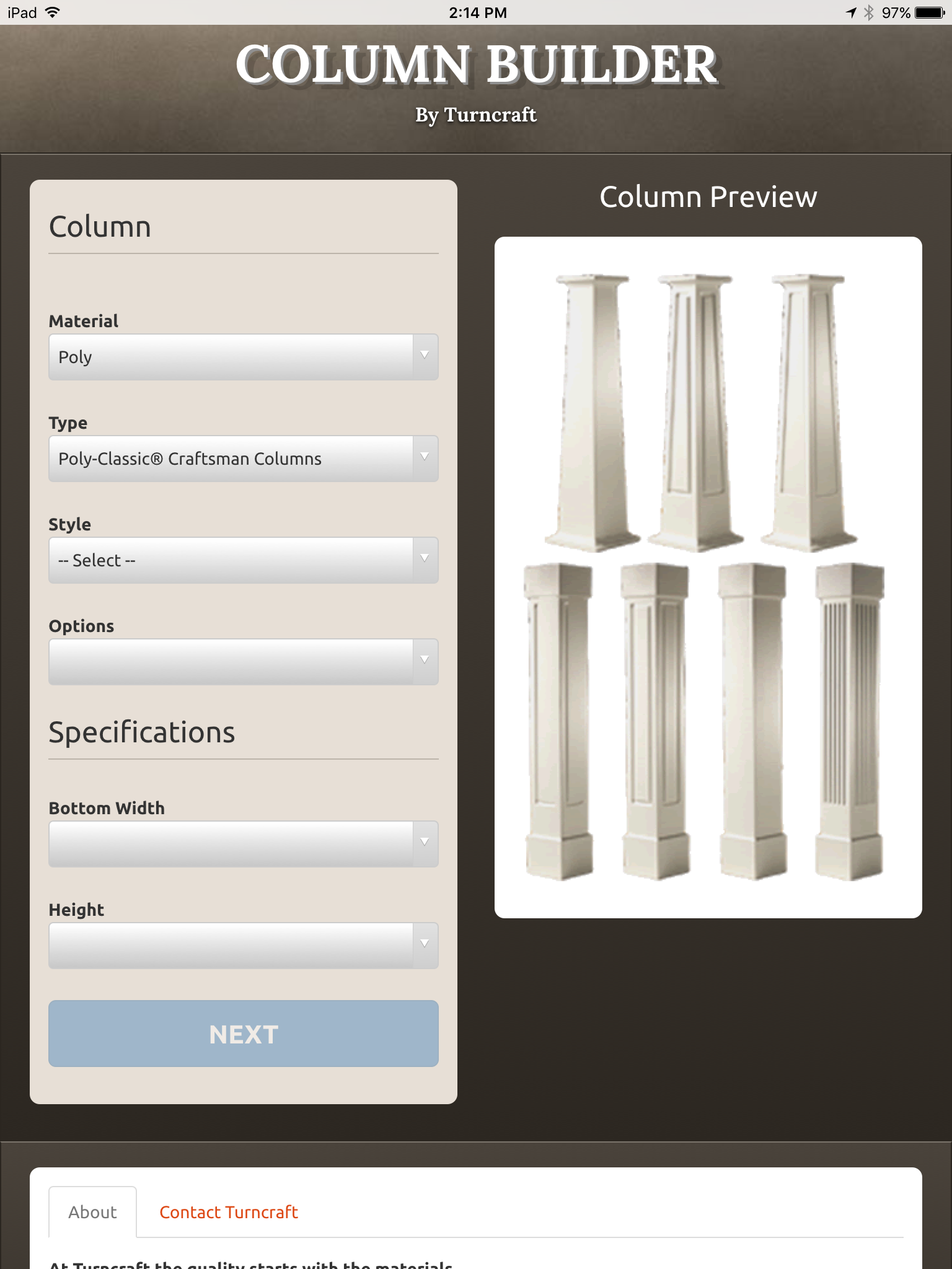Tool provided by Turncraft to develop a column specification.